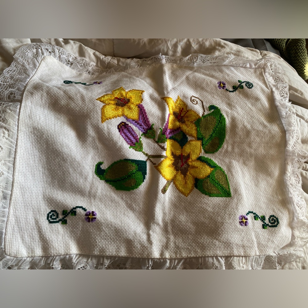 Vintage large embroidery Cross stitched pillow case floral embroidery.